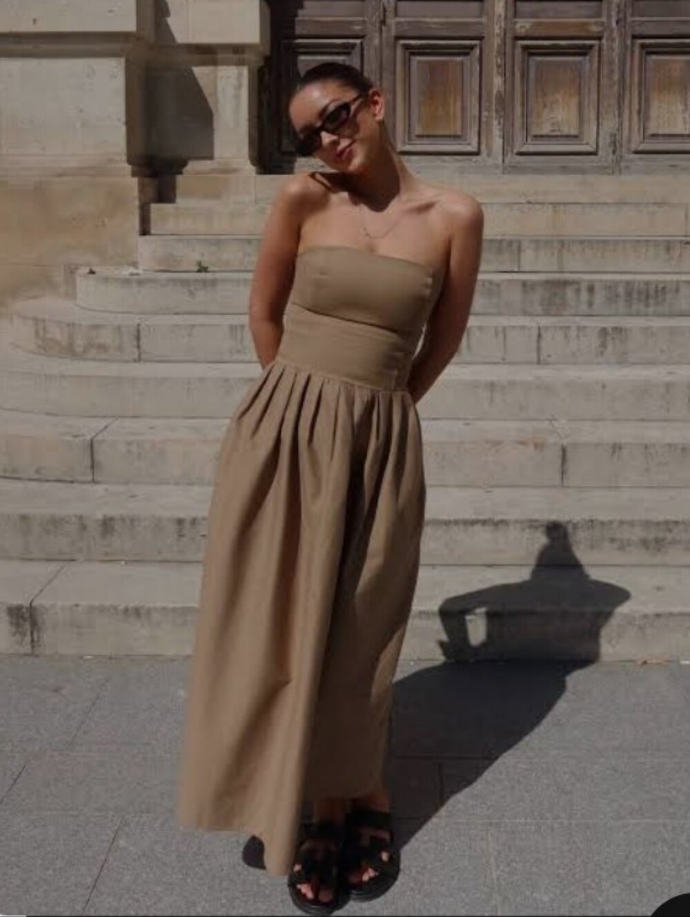 Zara Strapless Maxi Dress in Taupe Beige